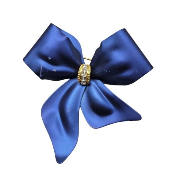 Blue Bow Brooch Enamel Velvet Look Tied Ribbon Pin Christmas Holiday Jewelry - Picture 5 of 7